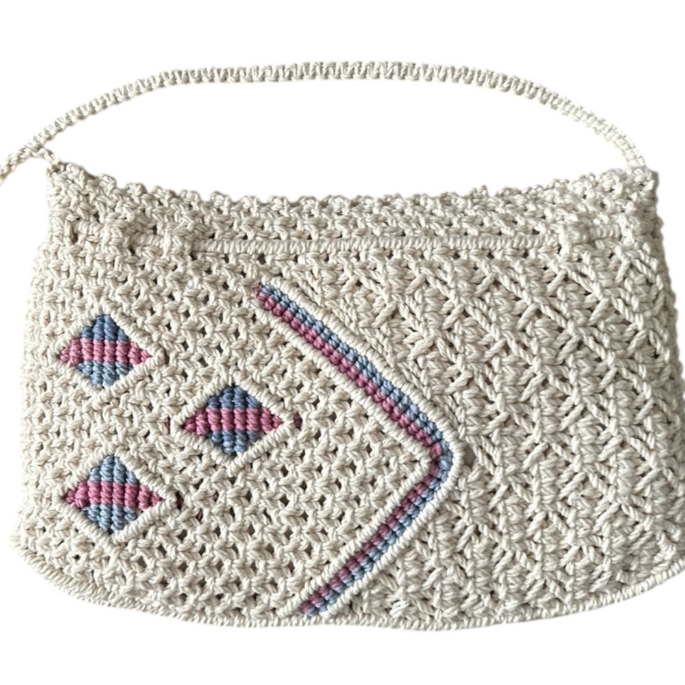 Vintage Handcrafted Cream Crochet Knitted Hand Bag with Pink and Blue Accents